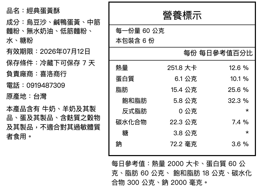 NutriTag 完整產出的食品營養標示範例